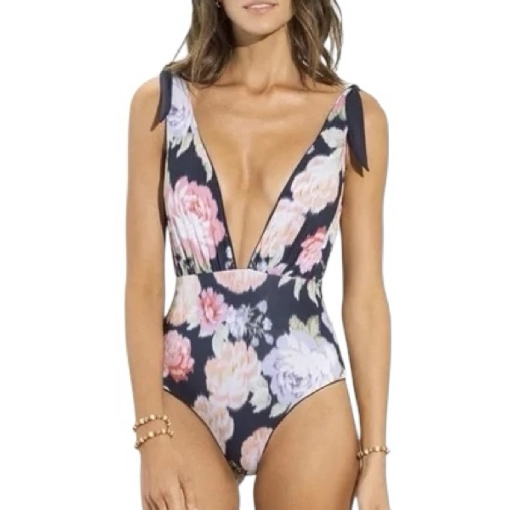 MAAJI eco friendly floral solid navy reversible one piece V front swimsuit NWT